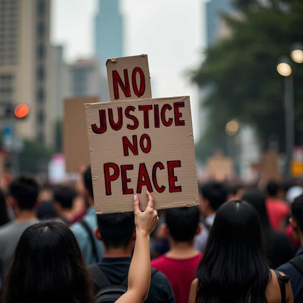 A protester holds a sign reading "No Justice No Peace" amid a crowd during a demonstration.