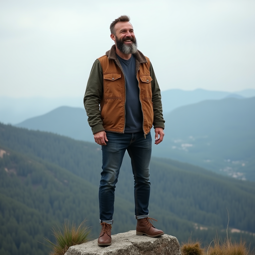 A man smiling while standing on a rock with a misty mountain landscape in the background.