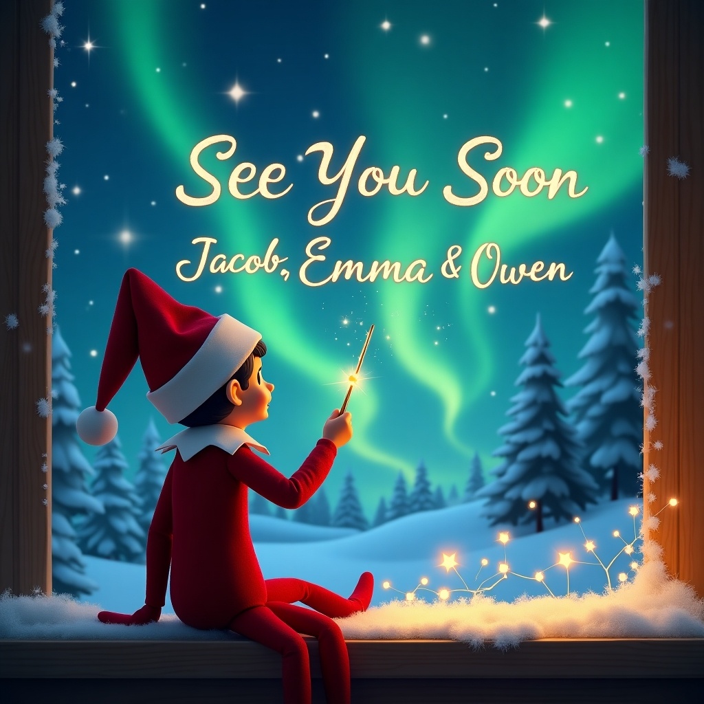 An enchanting Christmas scene featuring an elf on the shelf. The elf sits with his back to the viewer, gazing towards the sky. He holds a wand, which he uses to write names elegantly in the air. The background is filled with magical elements, including dazzling northern lights and snow-covered trees. The scene captures a warm holiday feeling enhanced by shining lights. The names Jacob, Emma, and Owen are depicted in whimsical, glowing letters in the sky, creating a magical and festive ambiance.