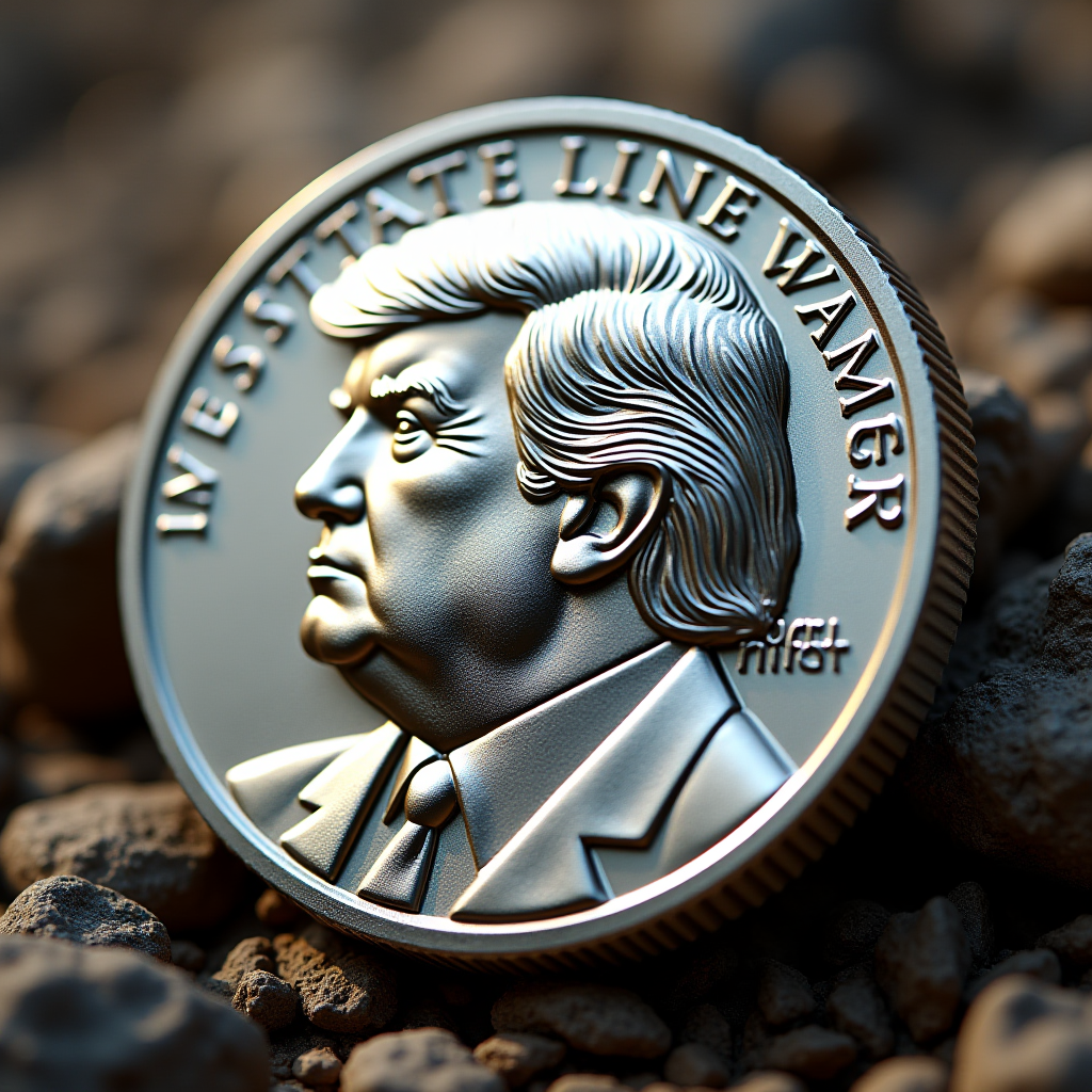 A detailed coin featuring a distinguished figure surrounded by engraved text, set against a backdrop of textured stones.