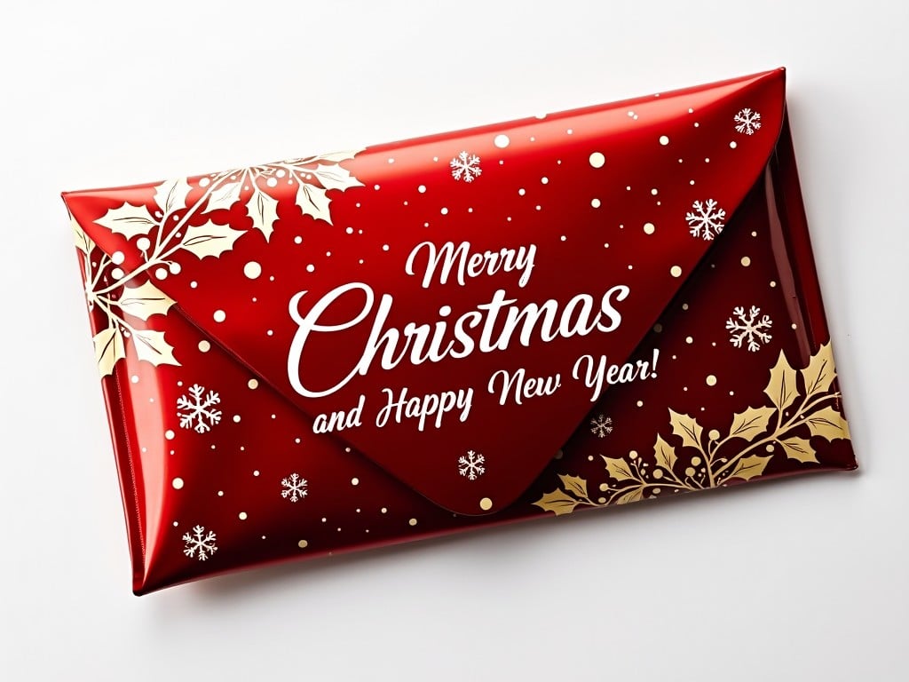 A glossy money envelope with a festive design. The background has a rich red color with delicate white holiday patterns, such as holly leaves, berries, and snowflakes. The envelope features a shiny surface, reflecting light to create a luxurious appearance. The words "Merry Christmas and Happy New Year!" are boldly written in elegant, white script across the center. The overall look is cheerful and bright, capturing a sense of joy and celebration.