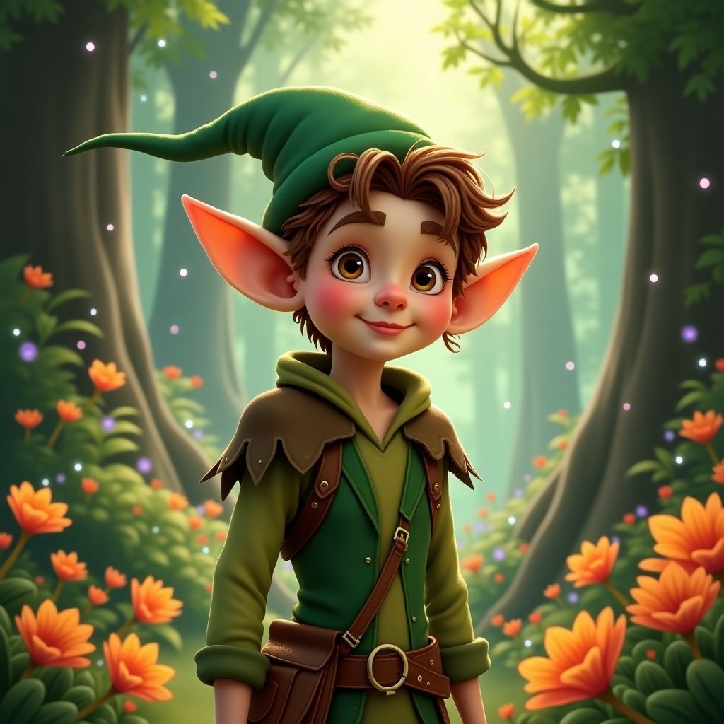 The image features a cheerful elf named Federico standing in a magical forest. He has large ears and charming facial features, dressed in green attire with a matching hat. The background is filled with vibrant flowers and lush greenery, creating a whimsical atmosphere. Soft light filters through the trees, enhancing the enchanting feel of the scene. Federico looks friendly and inviting, appealing to a younger audience. This artwork is perfect for children's books or fantasy-themed merchandise.