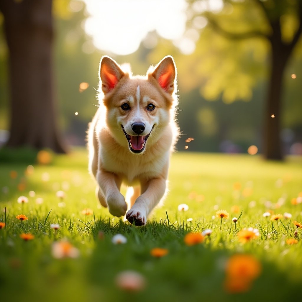 A happy Corgi dog running joyfully through a field of flowers during golden hour. The sunlight creates a magical, warm ambiance as it filters through the trees. The greens of the grass contrast beautifully with the vibrant orange flowers scattered around. The dog's expressive face captures its excitement and playful spirit. In the background, soft bokeh effects add to the dreamy atmosphere of the scene.