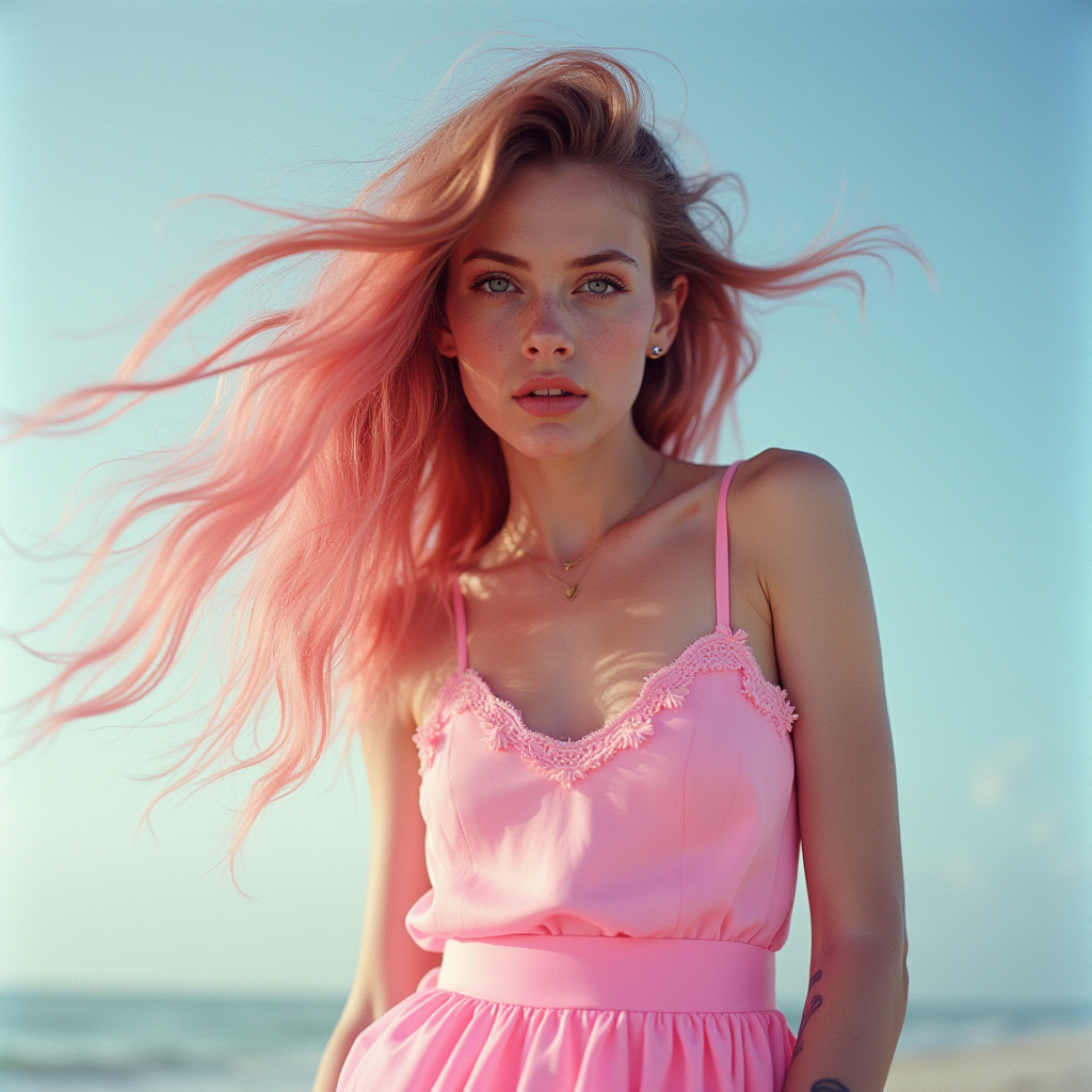 The image features a woman with long, flowing pink hair, standing on a beach. She is wearing a sleeveless pink dress with lace detailing at the top. The dress has delicate straps and a fitted waist, enhancing her silhouette. Her hair is being gently blown by the wind, giving a dynamic feel to the image. The background shows a clear blue sky and a hint of the ocean, suggesting a serene beach setting. The lighting is soft and bright, highlighting her features and the vivid colors of her attire and hair.