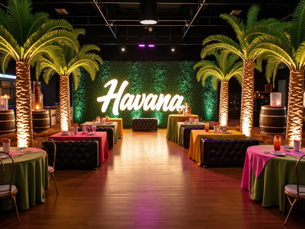 The image depicts a vibrant event space designed with a tropical theme. It features large artificial palm trees adorned with lights, creating a festive atmosphere. Cocktail tables are covered with green linens, complemented by fuchsia and yellow accents. Lightup letters spell out 'Havana', which serves as a striking centerpiece. Whiskey barrels and black leather furniture add to the ambiance, while giant cigar props enhance the thematic decor.