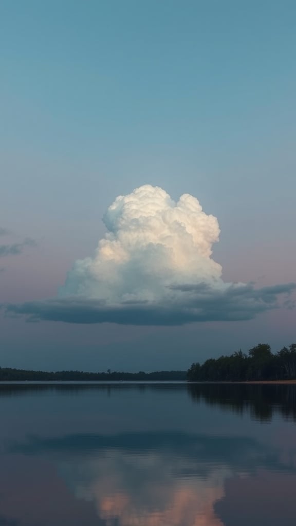 A fluffy, white cumulus cloud hovers serenely over a calm lake, perfectly reflected on the water's surface. The sky has a gradient of pastel hues transitioning from deep blue to a soft pinkish-purple near the horizon. This peaceful scene is framed by a distant line of dark trees, adding depth and contrast to the composition.