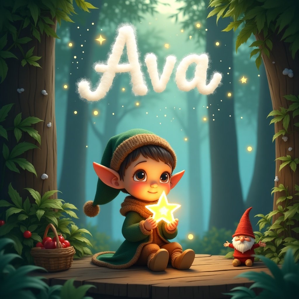 In a magical forest, a young elf with pointed ears and a festive outfit sits on a wooden platform. She is holding a glowing star in her hands, amidst lush greenery. The background contains tall trees with soft, ethereal light filtering through the leaves. Above, the name Ava is written in whimsical cloud-like letters, surrounded by hints of blue and white. Small woodland elements like a cozy basket and a charming little gnome add to the enchanting scene, creating a perfect festive atmosphere.