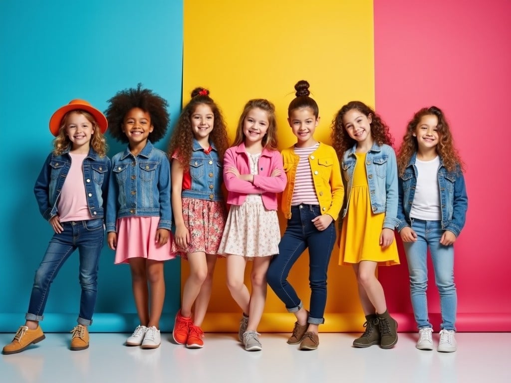 This image showcases a group of six children confidently modeling a range of trendy outfits that appeal to a young audience. Each child presents unique clothing items, including denim jackets, colorful cardigans, and vibrant dresses. The scene is bright and cheerful, featuring a playful color palette with blue, yellow, and pink backgrounds. The children's poses reflect confidence and joy, inspiring both kids and parents in their fashion choices. Designed for a magazine layout, the visual aims to captivate viewers and highlight stylish, trendy attire for children.