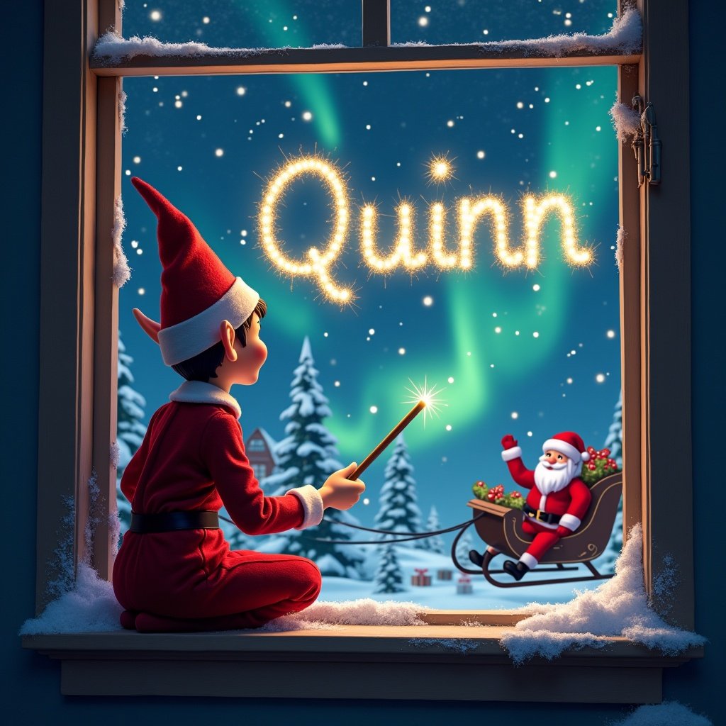 The image features a charming Christmas setting viewed through a window. An elf, dressed in a bright red outfit and pointed hat, is sitting on the ledge, facing the night sky. With a wand in hand, he is writing the name 'Quinn' in shimmering letters against a backdrop of sparkling stars and colorful northern lights. In the distance, Santa Claus waves from his sleigh, creating a delightful festive atmosphere. The scene captures the magical spirit of the holidays and the joy of making wishes come true.