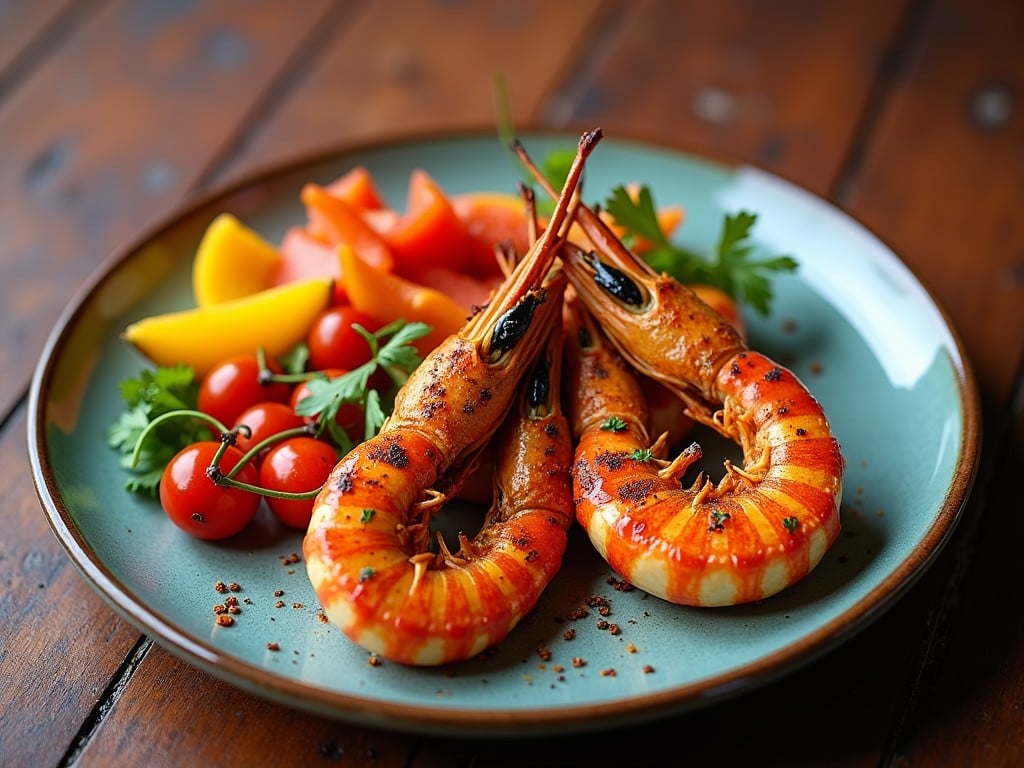 A stunning plate showcases giant tandoori prawns, perfectly grilled to a vibrant orange-red hue. They are placed elegantly on a soft green plate alongside colorful accompaniments like yellow and red bell peppers, cherry tomatoes, and fresh cilantro. The prawns are arranged thoughtfully to create an appetizing visual. The dish is styled against a rustic wooden surface, enhancing the warmth of the meal. Soft, natural lighting highlights the delicious textures and appealing colors of the prawns and vegetables.