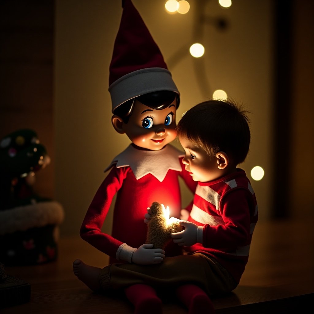 A charming scene featuring an Elf on the Shelf doll and a child. The elf, dressed in traditional festive attire, sits close to the child. The child is gazing at a small glowing light held delicately in their hands. The warmth of the light creates a magical atmosphere, enhancing the festive spirit. The background features soft, twinkling lights to add to the holiday mood, symbolizing joy and wonder during the Christmas season.