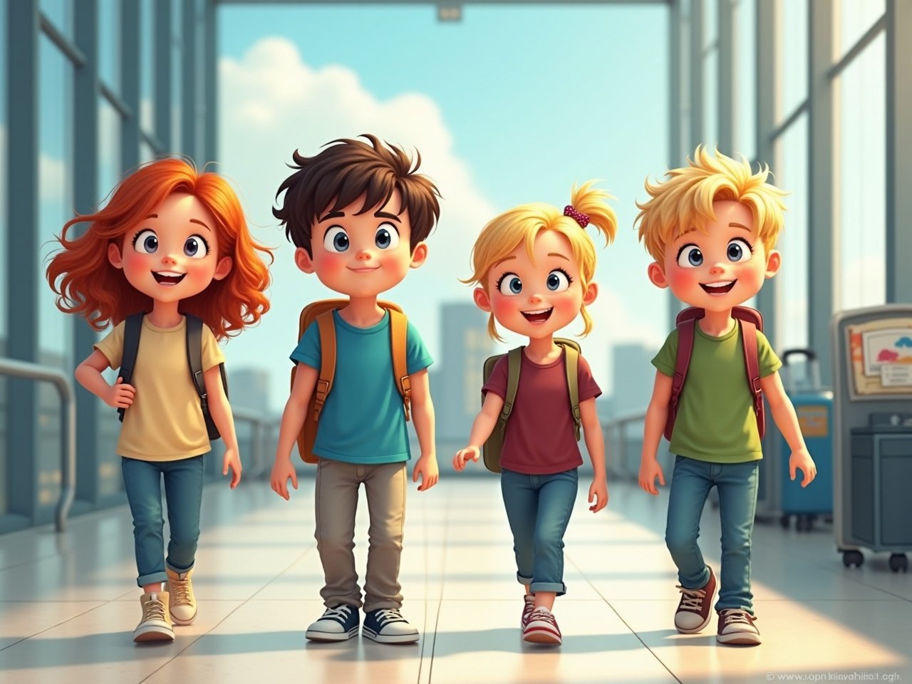 This vibrant illustration depicts four animated children walking confidently down a sunlit hallway. Their joyful expressions and colorful clothing suggest excitement and anticipation for an adventure. The background, with large windows and a blue sky, adds a sense of openness and possibility.