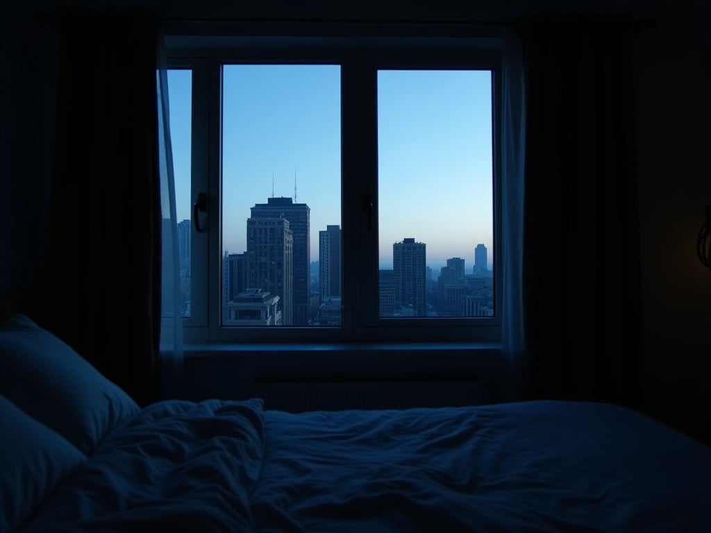 The image captures a serene moment from inside a room during the dark blue hour of early morning. The camera is positioned near a bed, suggesting a cozy, personal space. A large window made of three vertical panes shows an urban landscape with buildings of varying heights. The sky transitions from deep blue to lighter shades as the morning light begins to emerge. The outside scene is calm and empty, adding to the tranquility of the moment. Inside, the dark room contrasts nicely with the soft light filtering from outside, highlighting a sense of peaceful observation.