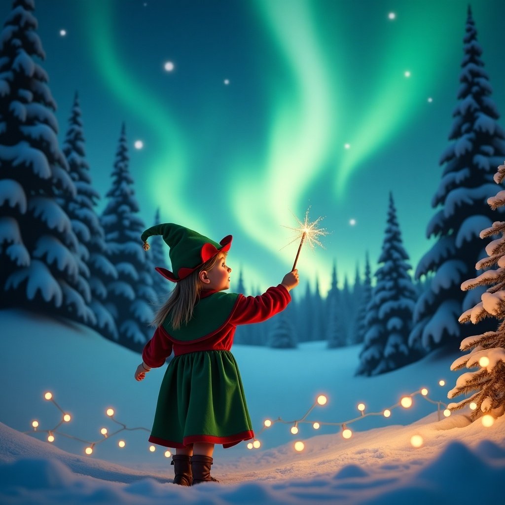 A child dressed in an elf costume stands in a snowy landscape, gazing up at the northern lights. The child holds a wand that emits a magical spark. The surrounding snow-covered trees add to the wintery atmosphere. Twinkling fairy lights illuminate the foreground, creating a warm festive vibe. The overall scene is cheerful and enchanting, perfect for the holiday season.