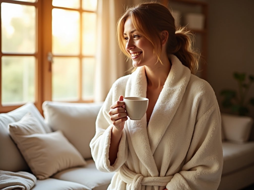 In a warm and inviting living room, a woman in a fluffy plush bathrobe enjoys a serene moment. She holds a cup of coffee, smiling softly as sunlight bathes the space. The ambiance is cozy, with comfortable seating and soft pillows. This scene captures a perfect blend of comfort and contentment. Ideal for promoting relaxation and self-care moments.