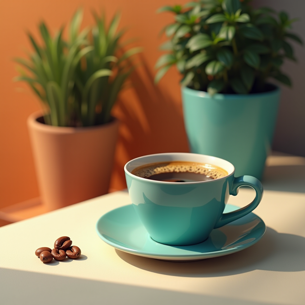 A blue coffee cup on a table with plants and coffee beans, basking in sunlight.