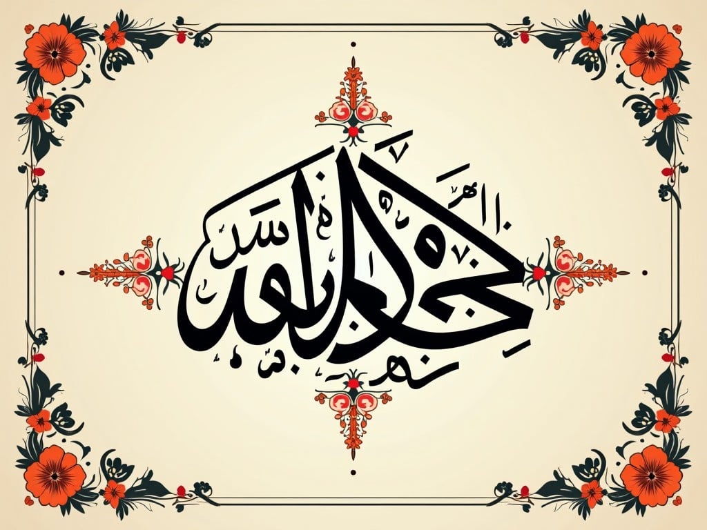 The image features intricate Arabic calligraphy showcasing a religious phrase. It is artistically presented within a decorative border that emphasizes elegance. The black calligraphy stands out prominently against a soft cream background. Floral and geometric patterns in vibrant colors adorn the edges. This design embodies both cultural significance and aesthetic appeal, making it suitable for artistic representation of Islamic culture.