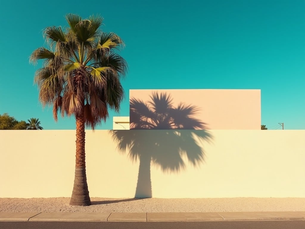 The image features a palm tree standing beside a smooth, pale wall under a bright blue sky. The tree casts a long shadow, contrasting against the geometric shapes of the wall. The warm sunlight highlights the tree's textures and the wall's color. The scene evokes a sense of tranquility and simplicity. The overall composition is minimalistic yet striking, capturing the essence of a sunny day in a tropical environment.