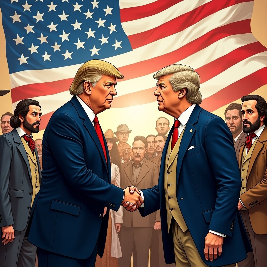 This historical cartoon depicts an association between Donald Trump and George Washington, emphasizing the progress America has made between its first and current leaders. Both characters stand proudly opposite each other, shaking hands. The background is filled with supporters that represent America’s diverse history, including Native Americans, cowboys, and businessmen. The American flag is prominently displayed, adding to the patriotic essence. The overall tone captures the dynamic of two eras of America meeting in a symbolic handshake.