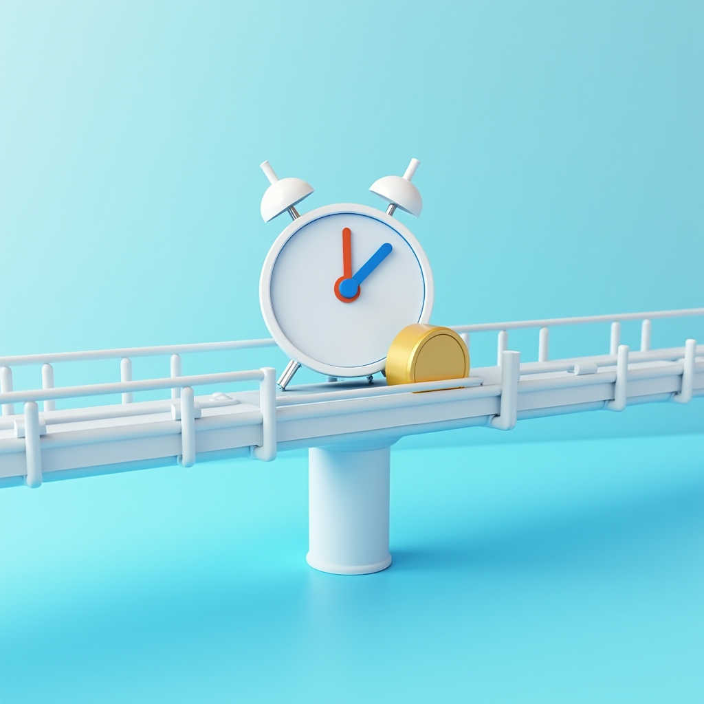 A surreal scene featuring an alarm clock and a barrel on a raised platform against a blue background.