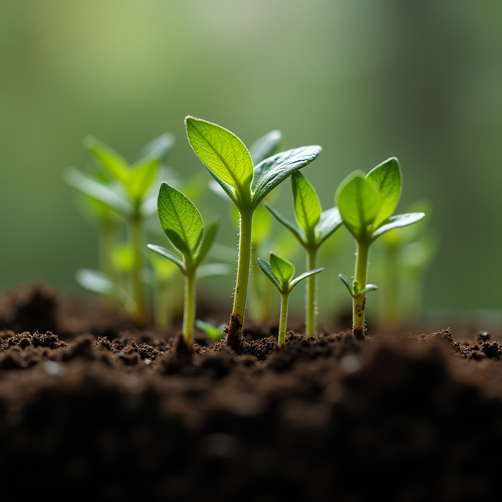 A cluster of young green seedlings emerging from rich soil, symbolizing growth and renewal.