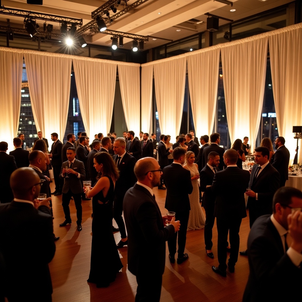 This image depicts a large cocktail reception with elegantly draped walls. Guests dressed in formal attire mingle and engage in conversation. The area is illuminated with warm lighting, creating a welcoming atmosphere. Black and white photos of graduates hang on the drapes, showcasing a celebration of achievement. The setting reflects professionalism and cultural appreciation within the gathering.