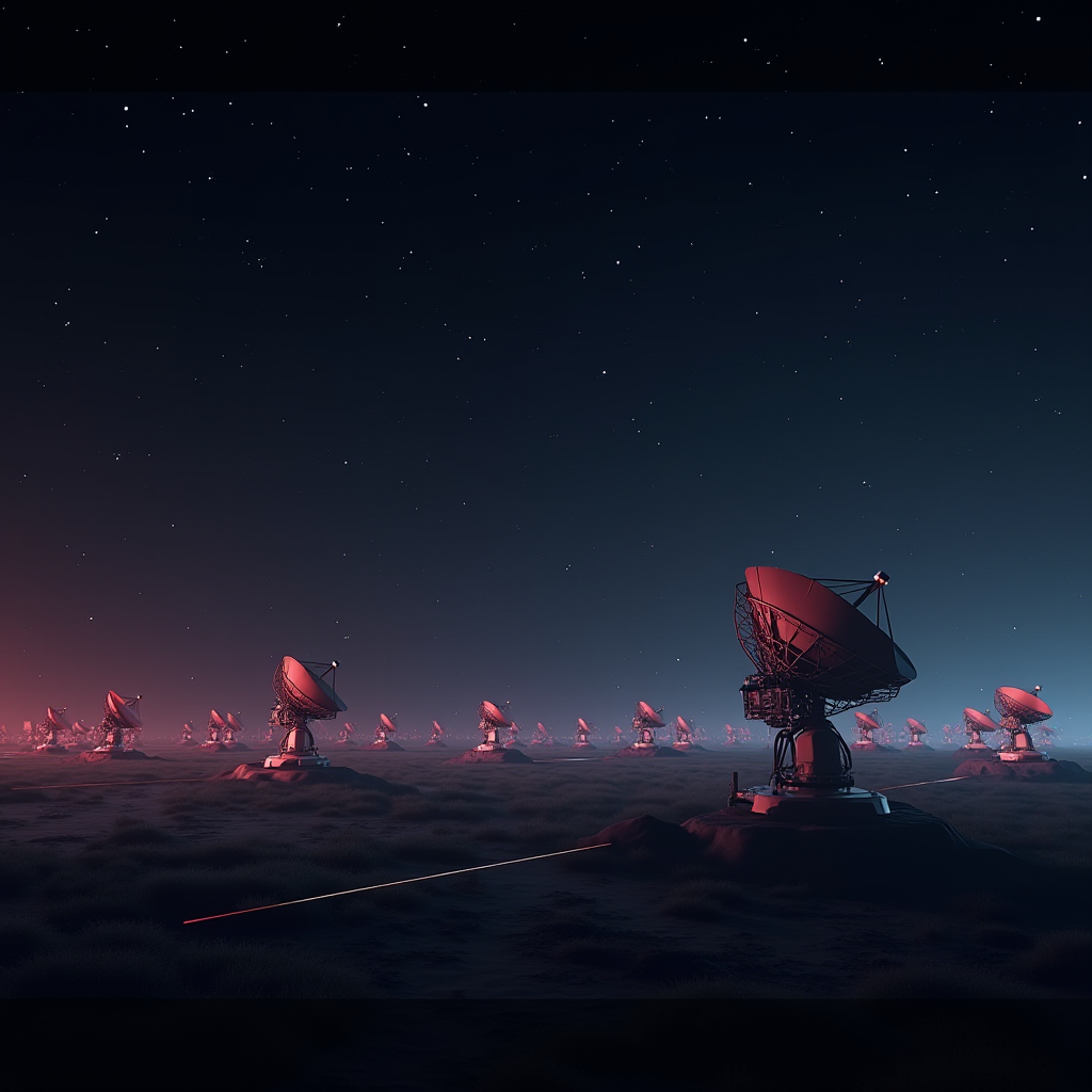 A nighttime scene featuring an array of radio telescopes under a starry sky, bathed in red and blue hues.