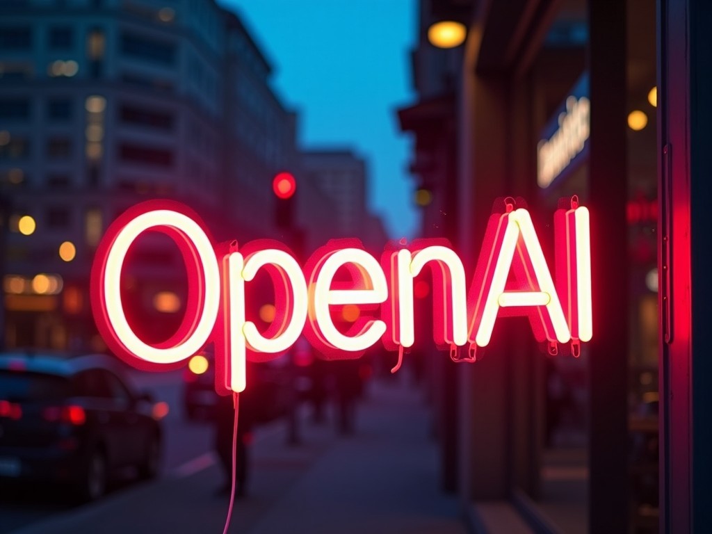 The image features a glowing neon sign that reads 'OpenAI' against a twilight background. This captures a contemporary urban setting, where technology meets lifestyle. The sign is a bright pink, drawing attention as dusk falls. Cars are visible in the blurred background, illustrating a bustling city vibe. The overall atmosphere is modern and inviting, suggesting a cutting-edge technology company. This image would resonate with themes of innovation and connection in the tech world.