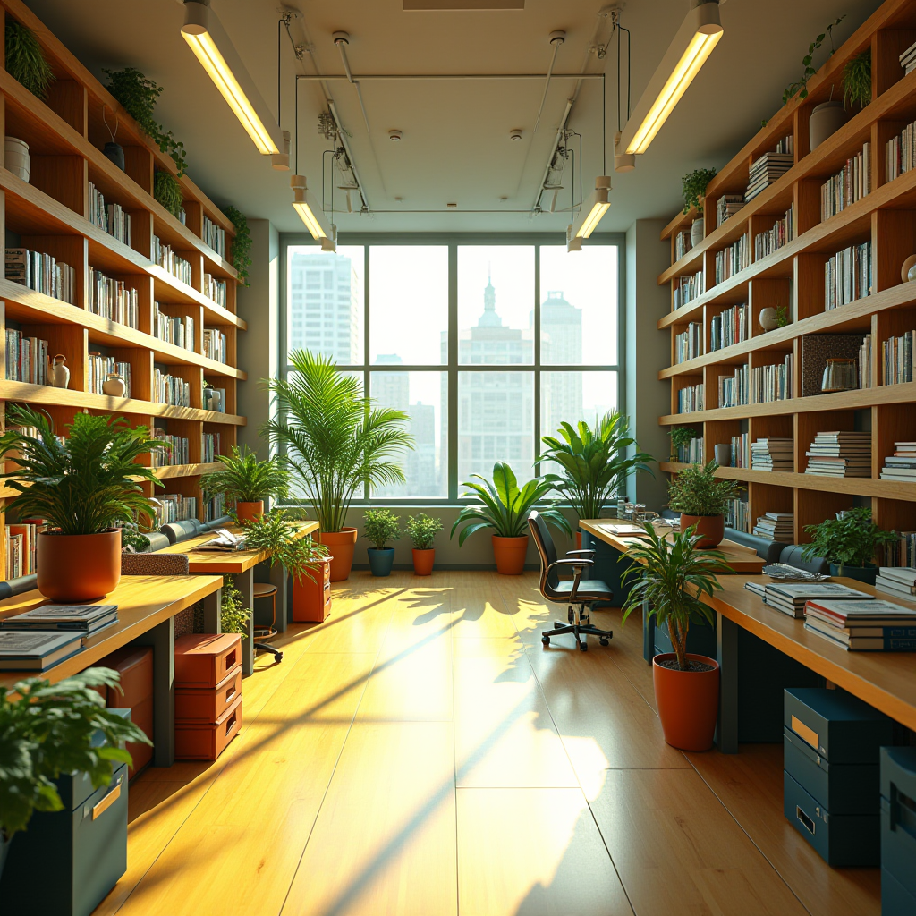 A modern office with lush greenery and large windows overlooking a cityscape.