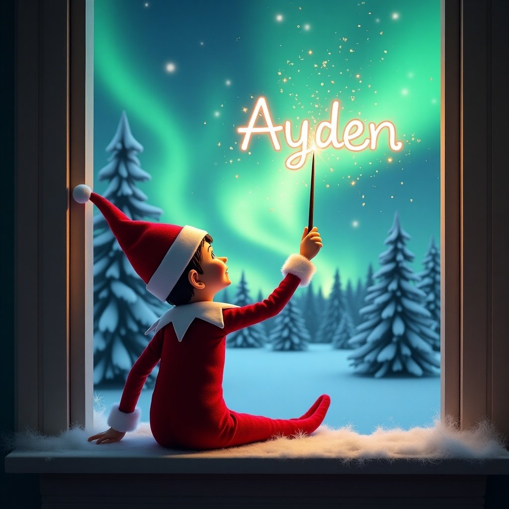 The image features an adorable elf on the shelf sitting on a window ledge, with his back turned to the viewer. He is using a magical wand to create twinkling sparks while looking up at a stunning display of northern lights. The background is set in a winter wonderland, filled with snow-covered pine trees, conjuring a festive holiday feel. Dressed in a vibrant red outfit with white trim, the elf embodies the Christmas spirit. The scene is illuminated by the enchanting colors of the aurora borealis, enhancing the magical ambiance. Writing the name ‘Ayden’ with wand.