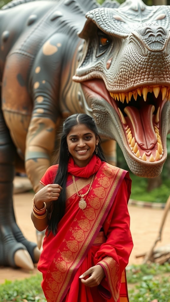 In this vibrant image, a woman dressed in a striking red sari poses confidently in front of a large dinosaur statue. The vivid colors of her traditional attire contrast with the rugged texture and natural hues of the dinosaur, creating a captivating blend of the modern and the ancient. The background of greenery enhances the liveliness and cultural richness of the scene.