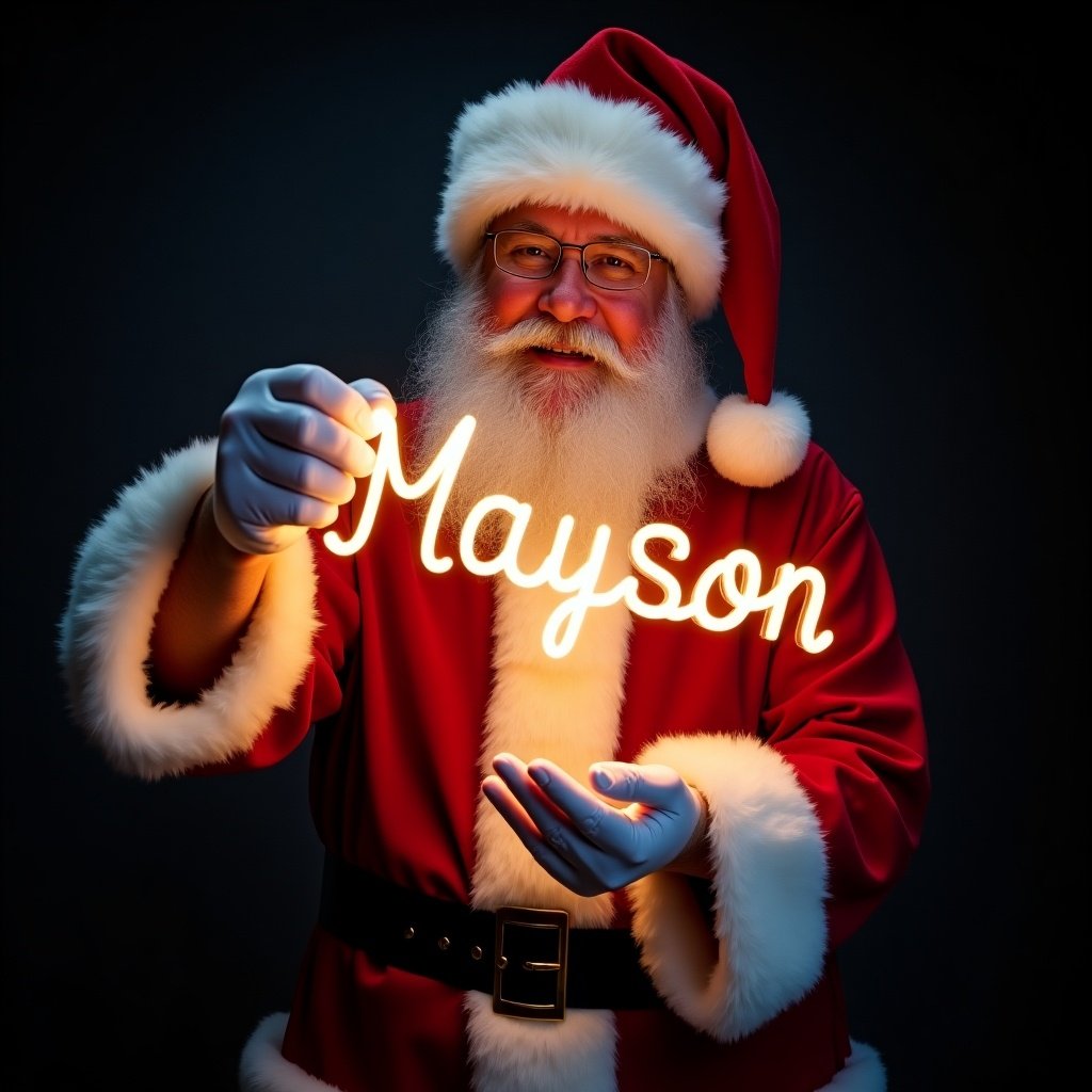 This image features Santa Claus wearing his traditional red and white suit. He is holding a glow stick that forms the name 'Mayson' in bright light. Santa's expression is jolly, exuding warmth and holiday cheer. The background is dark, enhancing the glow of the text. This festive scene captures the magic of Christmas and the joy of the season.