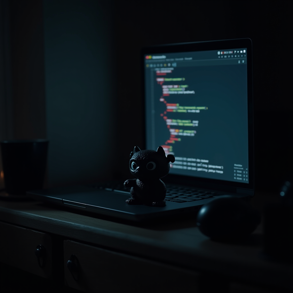 A cute black figurine sits on a laptop with code on the screen, casting shadows in a dimly lit room.