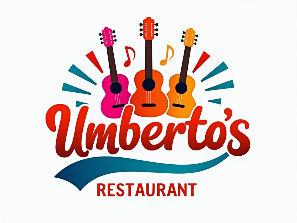 The image features a vibrant and playful logo for 'Umberto's Restaurant'. It includes three creatively illustrated guitars with bright colors like pink, orange, and blue. Musical notes are incorporated, enhancing the lively theme. The text is bold and inviting, suggesting a friendly dining experience. This design is ideal for a restaurant that emphasizes both food and music, creating an energetic visual appeal. It captures the joy of dining intertwined with musical elements.