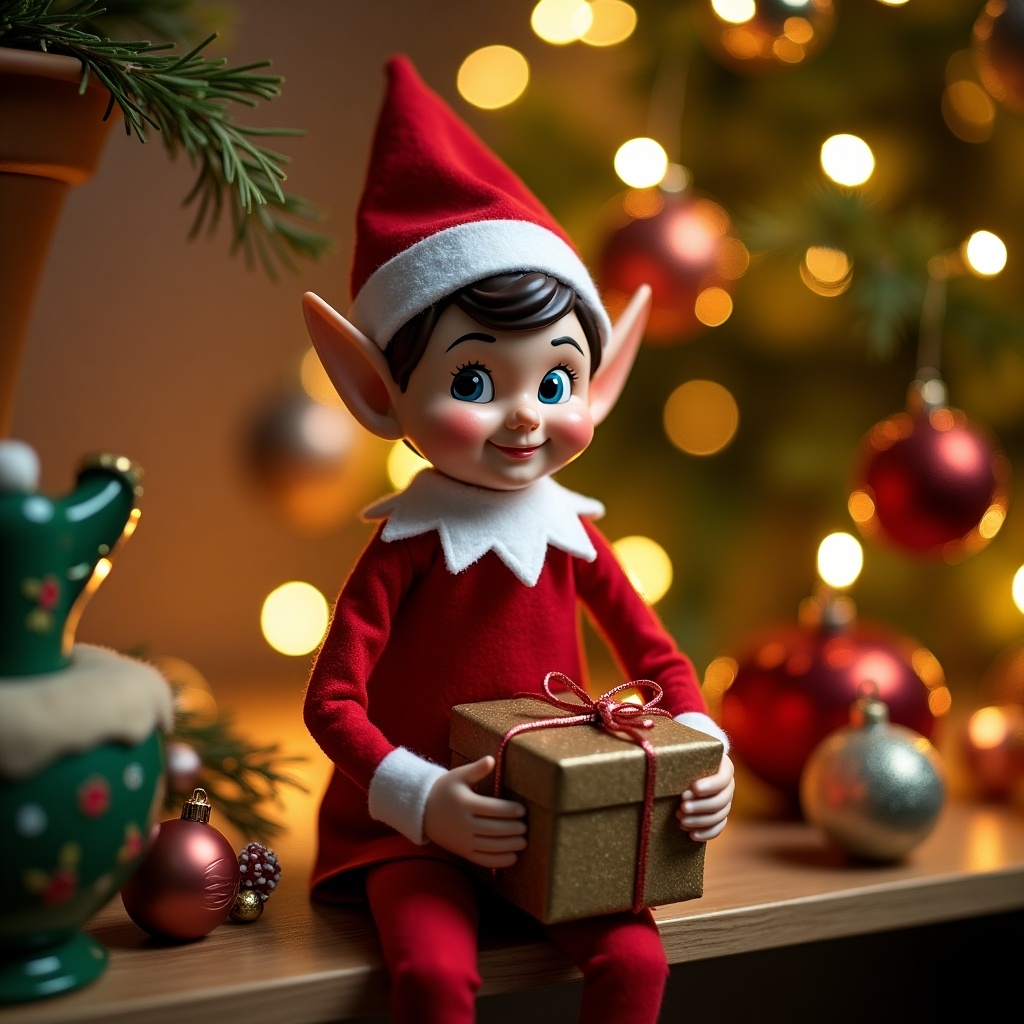 This image features a charming elf figure, dressed in a classic red and white outfit, seated with a wrapped gift in its hands. The background is adorned with Christmas ornaments and a decorated tree, enhancing the holiday spirit. Warm, soft lighting creates an inviting atmosphere, perfect for the festive season. The elf's cheerful expression adds to the playful nature of holiday traditions. This scene captures the essence of Christmas cheer and the joy of giving, appealing to both children and adults alike.