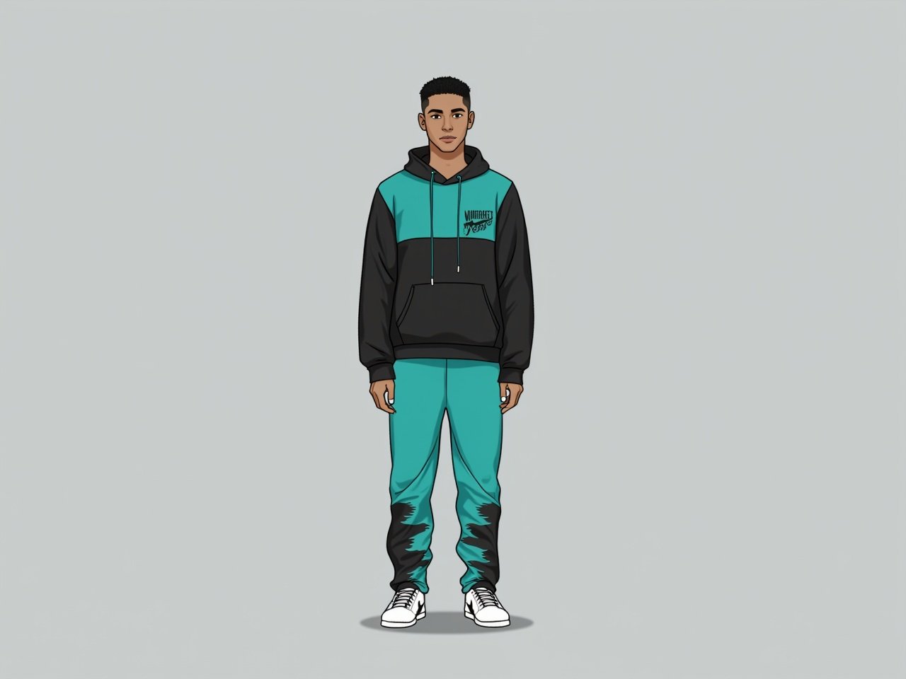 The image features a digital illustration of a person wearing a stylish, modern outfit. The outfit includes a hoodie with black and teal contrasts, featuring a graphic design on one side of the chest. The pants are teal with black accents and have a striking wave pattern on the lower legs, adding a unique flair. The person stands on a neutral gray background, emphasizing the vibrant colors of the outfit. The look is completed with simple white sneakers, giving it a casual and sporty vibe.