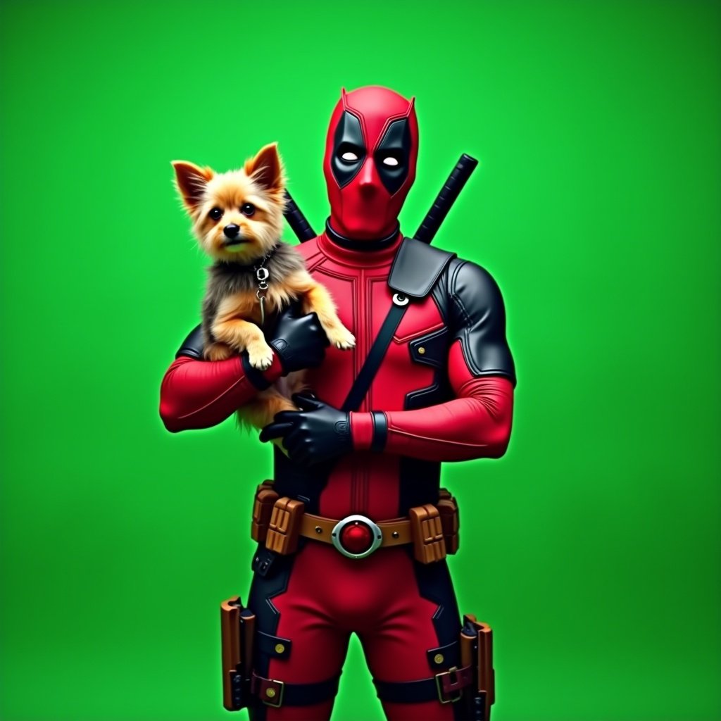 A cinematic portrayal featuring a character in a Deadpool costume, famously played by Ryan Reynolds, holding a quirky-looking dog named Peggy. The character stands in front of a vibrant green screen, emphasizing the playful and humorous nature of the scene. Deadpool's costume is detailed, showcasing its iconic red and black colors. The small dog seems slightly disheveled, providing a humorous contrast to the superhero. This image captures a fun mix of superhero culture and pet-loving humor, making it ideal for lighthearted promotional content.