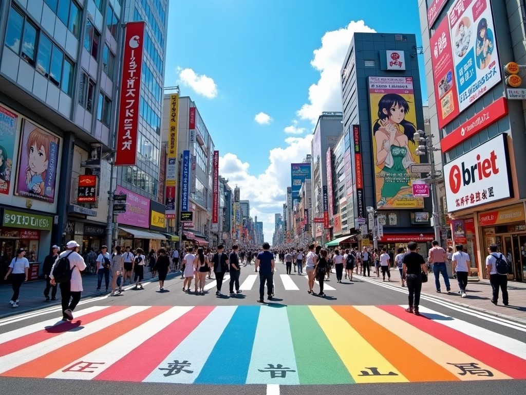 The image depicts a lively street scene in Shibuya, Japan. The focal point is a rainbow-colored crosswalk, bustling with pedestrians. Brightly colored buildings are adorned with various anime posters. The sky is clear and blue, making the atmosphere cheerful. People are engaging in various activities as they walk across the crosswalk. This scene captures the essence of urban life in a vibrant Japanese city.