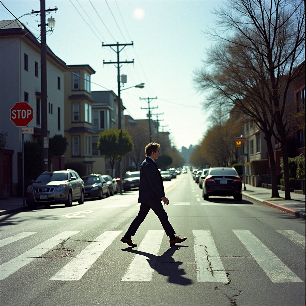 A man in a suit walks across a sunlit urban street at a crosswalk, casting a long shadow.