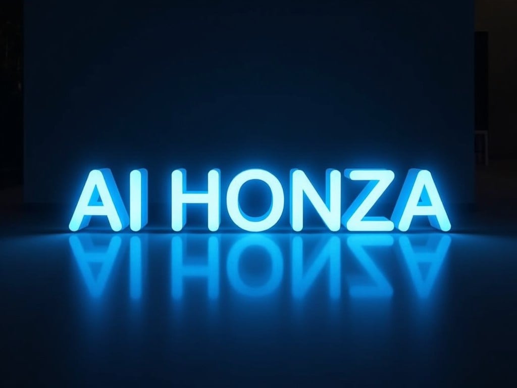 This image showcases the glowing text 'AI HONZA' represented in a translucent blue color. The letters are illuminated from within, creating a neon-like effect that stands out. The text appears to float above a surface, with a soft reflection visible underneath. This design conveys a modern and tech-savvy aesthetic, suitable for branding or promotional purposes. The combination of the light blue hue and the glowing effect makes it visually appealing and eye-catching. The image can be used for digital marketing, advertisements, or creative projects.