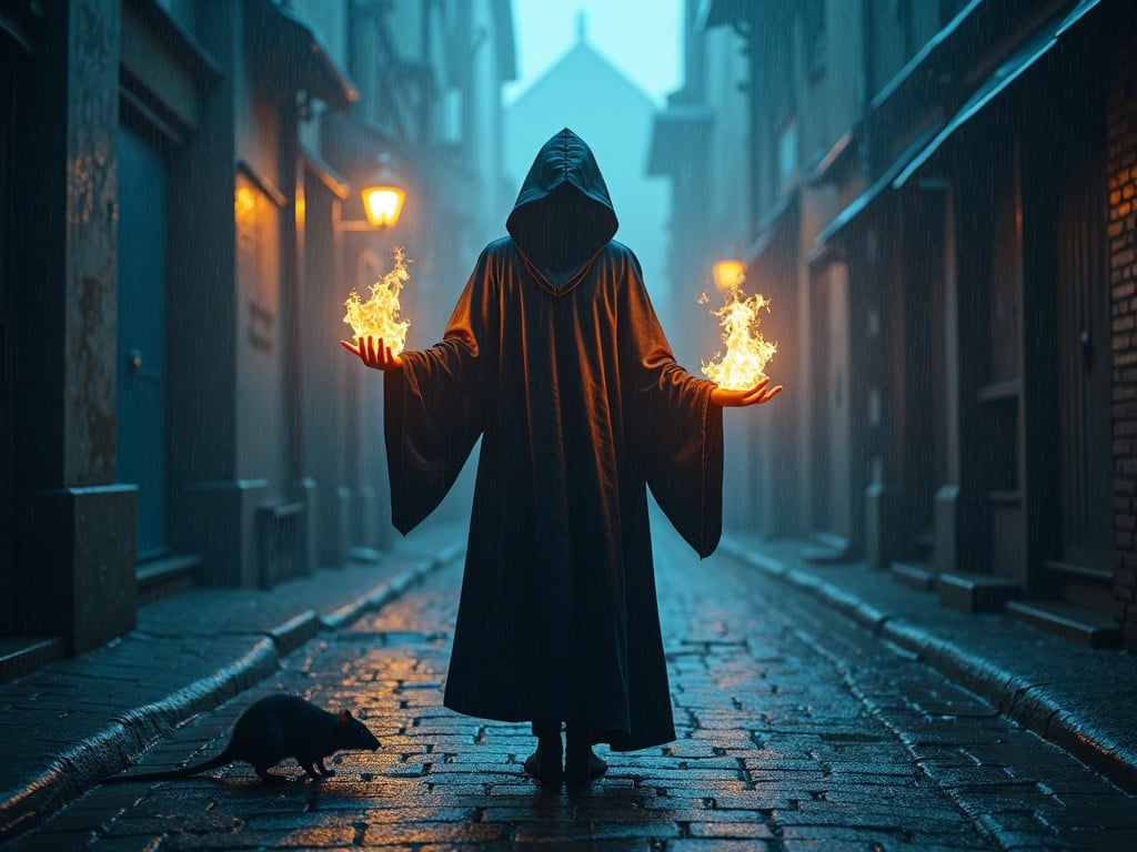 A mystical scene unfolds in a dark, rain-soaked alleyway. A mysterious figure clad in a hooded robe stands at the center, holding swirling flames in each hand. The warm glow of the fire contrasts strikingly with the cool blues of the surroundings. As the figure conjures magic, a rat scurries around her feet, adding an unexpected layer of life to the enchanting atmosphere. The cobblestone path glistens from the rain, and the subtle light from street lamps flickers in the background. The aura is both magical and slightly eerie, enhancing the scene's mystical nature.