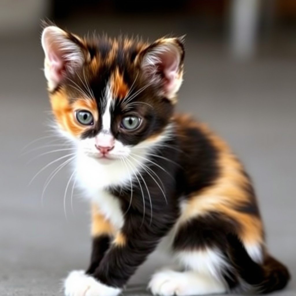 A small calico kitten with striking green eyes and a mix of black, orange, and white fur.