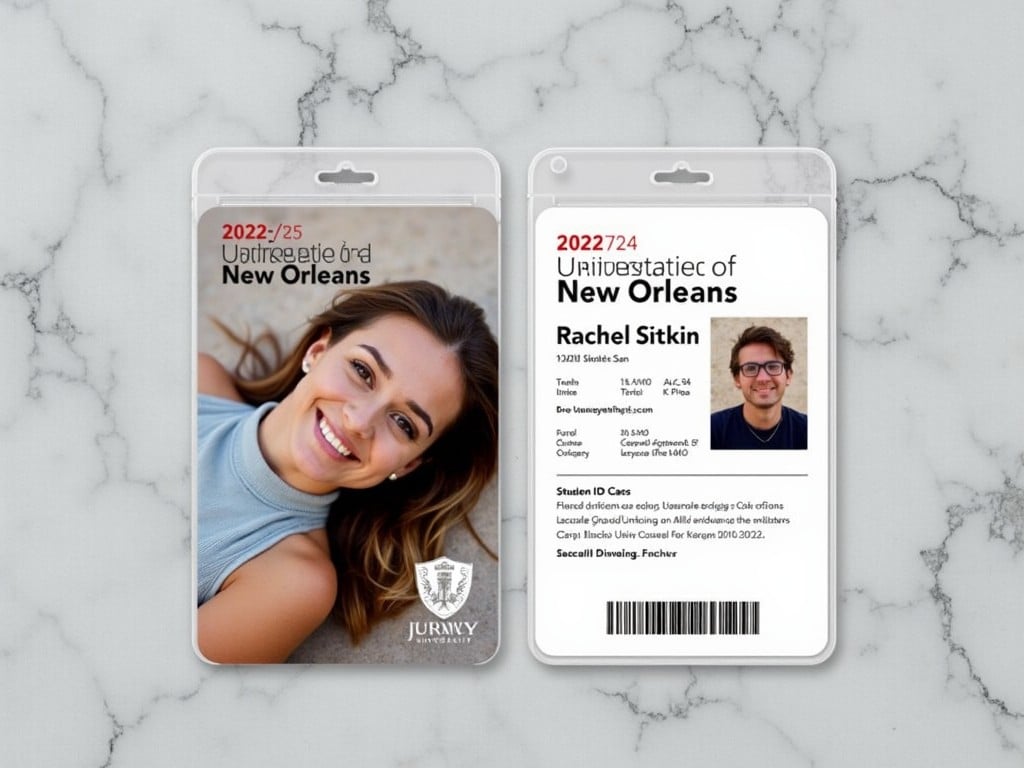 This image showcases a student ID card layout for a university in New Orleans. It features a smiling young woman, identified as Rachel Sitkin, on one side. The ID card includes details such as her student number, program of study, and university branding. The card design reflects a clean and professional aesthetic, suitable for educational institutions. The background is minimalistic, making the text and the photo stand out prominently. Overall, it conveys a sense of belonging and identity within the academic community.