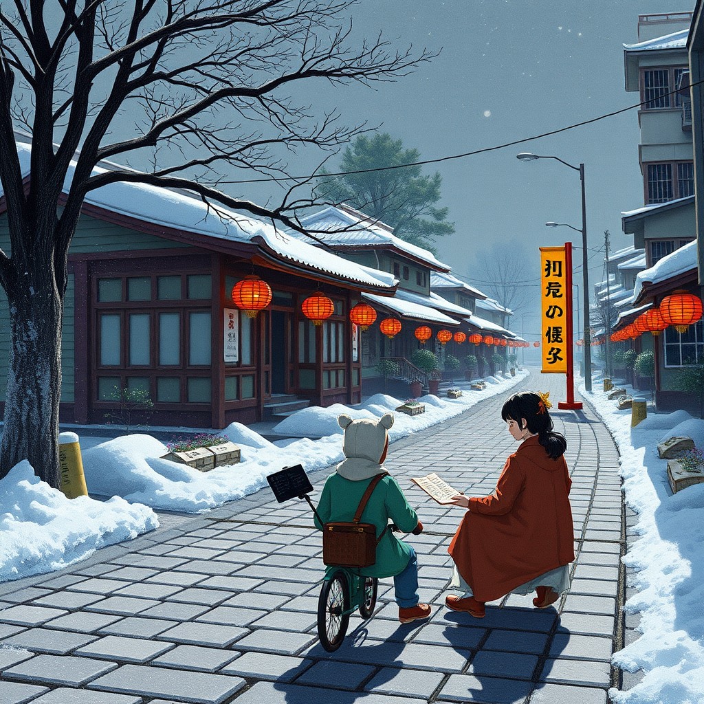 A snowy street scene with red lanterns, featuring two people engaging in conversation amidst traditional buildings.