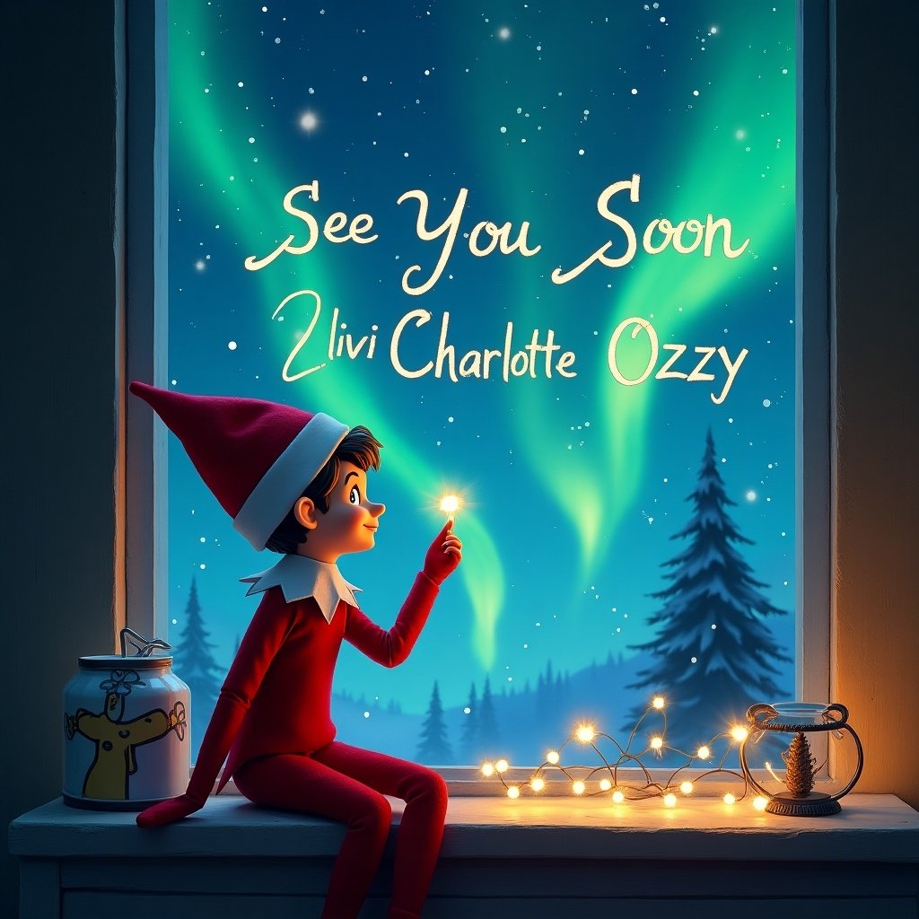 An illustration of an elf sitting by a window, looking out at an enchanting display of northern lights. The elf is dressed in a classic red outfit, similar to traditional Christmas elves, with a playful expression. The text 'See You Soon Olivia Charlotte Ozzy' is elegantly written in the sky, creating a whimsical feel. Soft fairy lights illuminate the room, adding warmth to the scene. Snowy trees can be seen in the background, enhancing the magical atmosphere. This image captures the essence of holiday cheer and imagination.