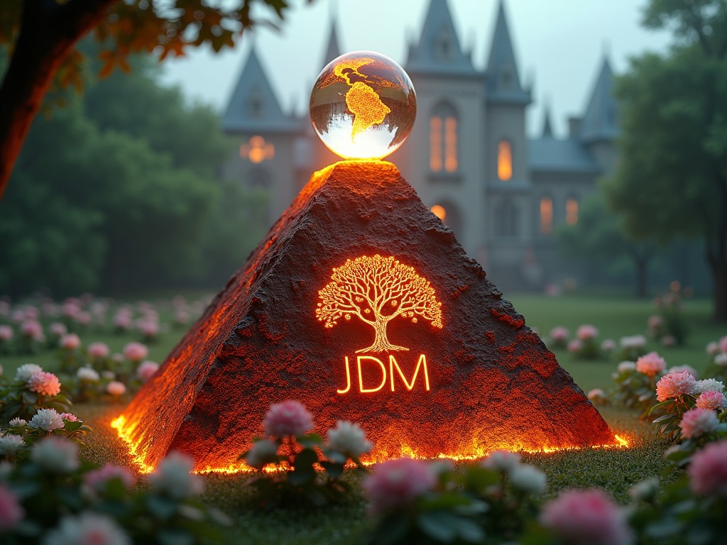 A glowing pyramid stone with an engraved tree and 'JDM' text, topped with a crystal globe in a mystical garden setting.