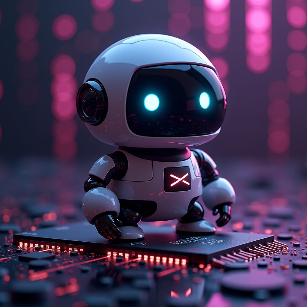 A cute robot with glowing eyes stands on a microchip amidst a futuristic pink-lit background.