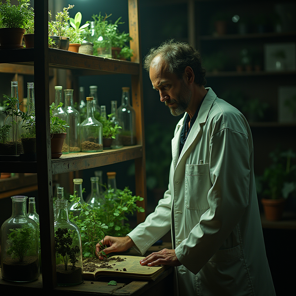 A scientist in a lab coat studies plants growing in glass jars on a dimly lit shelf.