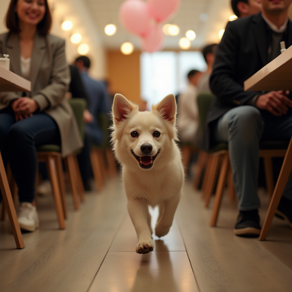 A happy dog running through a lively cafe, surrounded by smiling patrons.