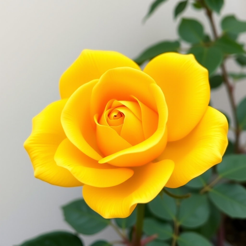 A vibrant yellow rose in full bloom against a backdrop of green leaves.